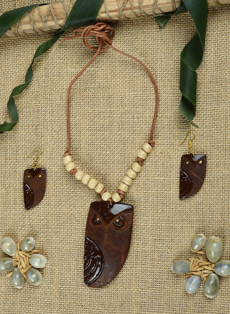 إن إتش قلادة فراشة على شكل بومة بتصميم حيوان مصنوع يدويًا من قشرة جوز الهند من N&H مع أقراط متطابقة ، عبوة كومبو مكونة من قطعتين - Image 4