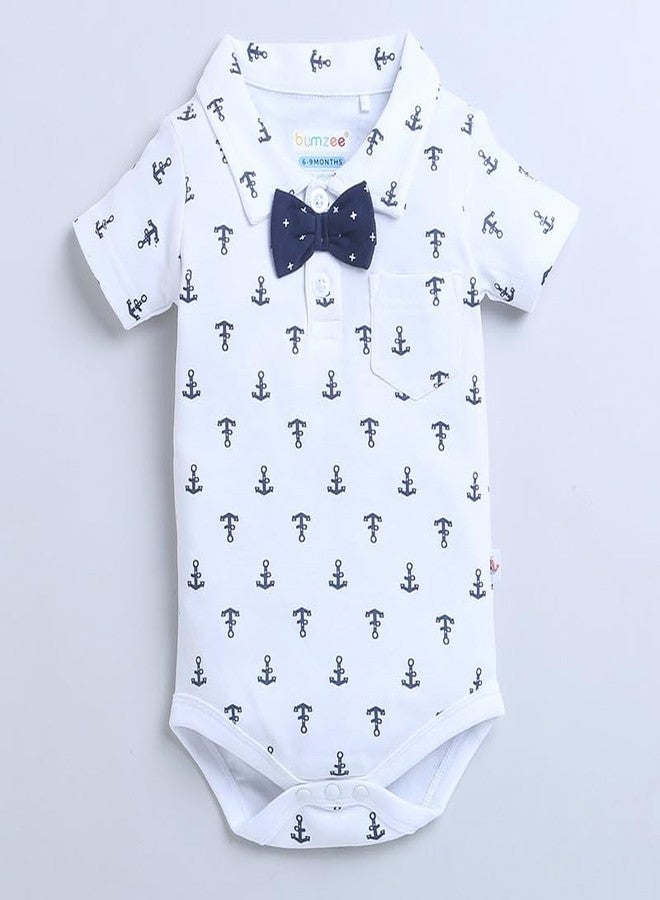 BUMZEE Navy & White Boys Half Sleeves Bodysuit & Short Set With Bow Suspender & Cap Age - 3-6 Months - Image 2