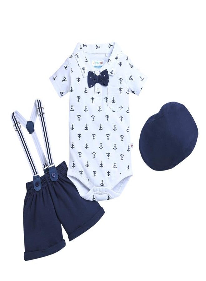 BUMZEE Navy & White Boys Half Sleeves Bodysuit & Short Set With Bow Suspender & Cap Age - 3-6 Months - Image 1