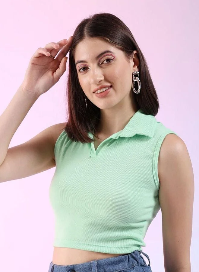 Women Regular Fit Solid Shirt Collar Sleeveless Polo Collar Top