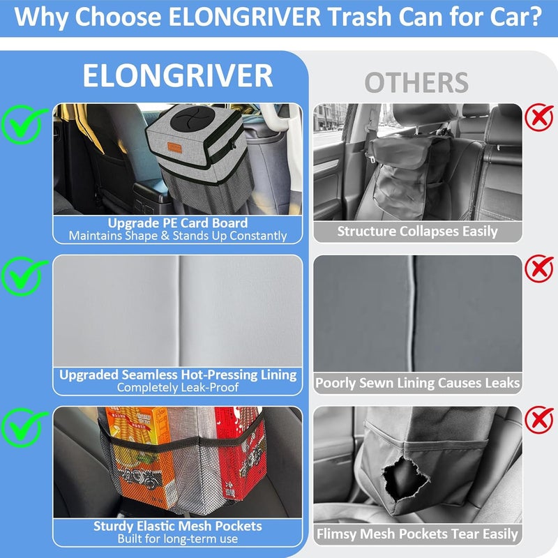 سلة مهملات السيارة من ELONGRIVER للمقعد الخلفي مقاومة للتسرب، كيس مهملات سيارة لطيف معلق، سلة مهملات للمركبات لسيارات الدفع الرباعي والشاحنات والفانات، سلال مهملات السيارات للمقعد الأمامي رمادي - Image 5