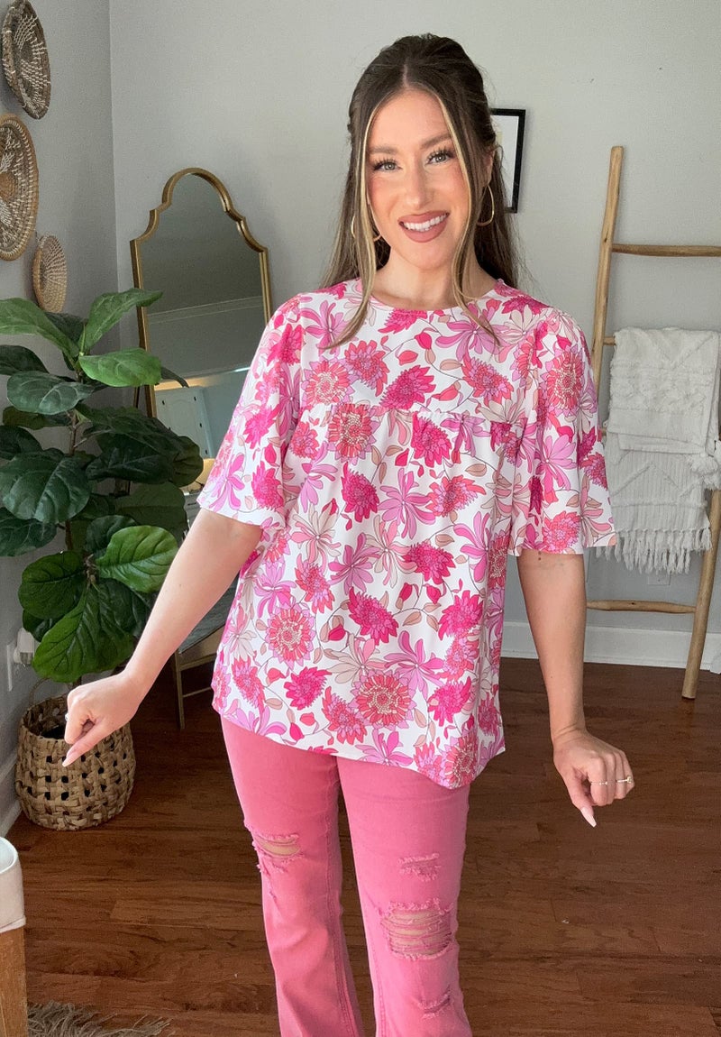 Luvamia 2023 Women's Floral Boho Babydoll Flowy Top - Dressy Casual Bell Sleeve Shirt, Summer Maternity, Hot Pink, Size Medium - Image 5