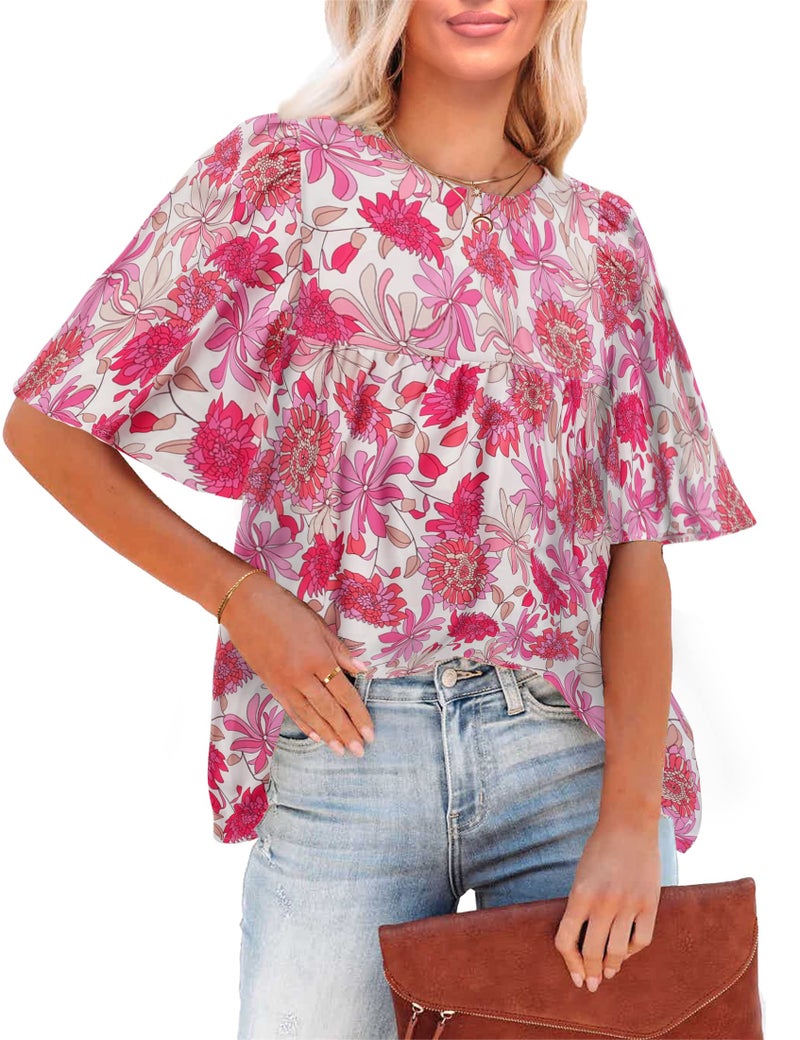Luvamia 2023 Women's Floral Boho Babydoll Flowy Top - Dressy Casual Bell Sleeve Shirt, Summer Maternity, Hot Pink, Size Medium - Image 1