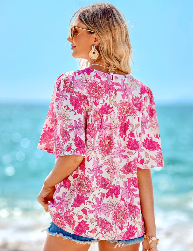 Luvamia 2023 Women's Floral Boho Babydoll Flowy Top - Dressy Casual Bell Sleeve Shirt, Summer Maternity, Hot Pink, Size Medium - Image 2