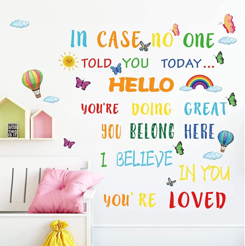 IARTTOP Colorful Inspirational Lettering Quote Wall Decal Watercolor School Theme Wall Sticker Hot Air Balloon Butterfly Sun Rainbow Decals for Classroom Nursery Wall Decoration