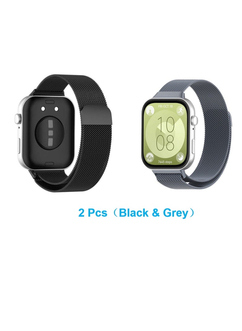 2-Pcs Watch Strap Suitable for Huawei Watch Fit 3 metal Milanese Magnetic Loop Watch Strap Black and Grey - Image 1