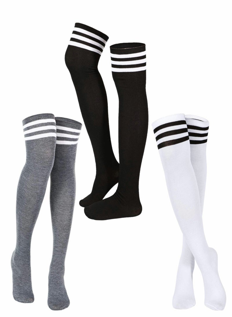 Excefore High Thigh Socks 3 Pairs Women Stripe Tube Dresses Over the Knee Long Stockings Cosplay - Image 1