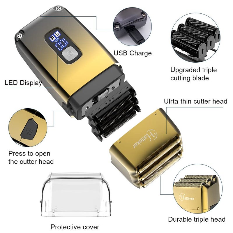 Hatteker Foil Head Shaver Triple Blades Electric Shaver Razor for Men Close Bald Head Barber Trimmer Waterproof Wet & Dry, Cordless, Gold - Image 2