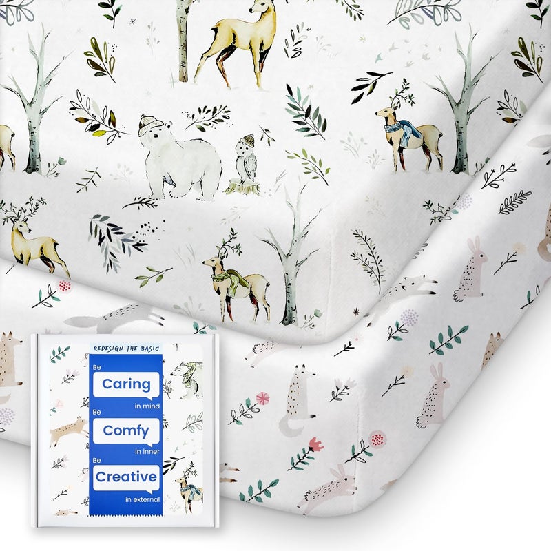 TotBasic Ultra Soft Pack N Play Sheets - Fitted, Premium Jersey Knit, Stretchy Neutral, Woodland Mini Crib Sheets for Graco Pack and Play, 2 Pack (Deer&Rabbit) - Image 1
