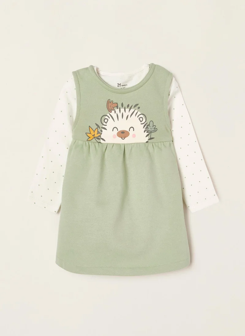 زيبي Bodysuit + Dress in Cotton for Newborn Baby Girls 'Hedgehog', Green/White