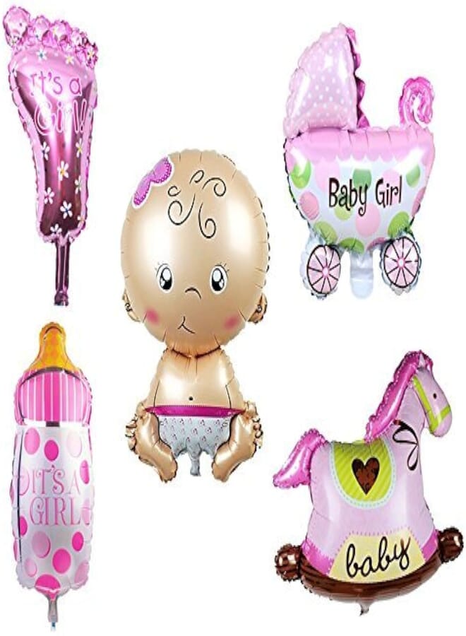 TRIXES 5PC Baby Shower Foil Balloons Decoration Pink Pram Rocking Horse Bottle Foot and Newborn