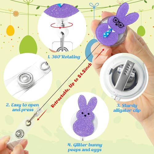 ANGOLIO Easter Bunny Peeps Badge Reels - 10Pcs Retractable Glitter Acrylic Cute Rabbit Badge Holder with Alligator Clip Easter Spring Gifts ID Holder Reel for Nurses Doctors Teachers Employee Supplies - Image 3