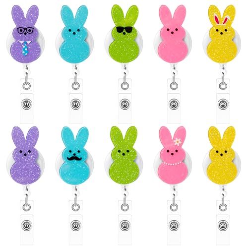 ANGOLIO Easter Bunny Peeps Badge Reels - 10Pcs Retractable Glitter Acrylic Cute Rabbit Badge Holder with Alligator Clip Easter Spring Gifts ID Holder Reel for Nurses Doctors Teachers Employee Supplies - Image 1