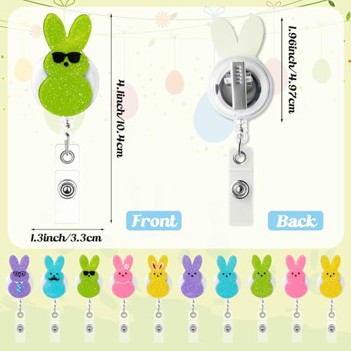 ANGOLIO Easter Bunny Peeps Badge Reels - 10Pcs Retractable Glitter Acrylic Cute Rabbit Badge Holder with Alligator Clip Easter Spring Gifts ID Holder Reel for Nurses Doctors Teachers Employee Supplies - Image 2