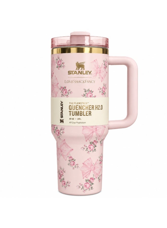 جيرينك كوب ستانلي «Quencher H2.0 FlowState» سعة 40 أونصة مزود بمقبض وقشة، لون «Rosa Beaux Pink» من LoveShackFancy، كوب سفر من الفولاذ المقاوم للصدأ مع عزل فراغي، متوافق مع حاملات الأكواب، مع صندوق هدايا، سعة 1.18 لتر - Image 1