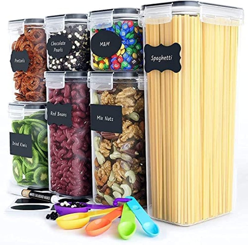 Chef's Path Airtight Food Storage Containers for Kitchen Organization 7 PC  Plastic Food Canisters with Lids Labels Marker  Spoons for Pantry Organization and Storage  Cereal Flour and Sugar Containers