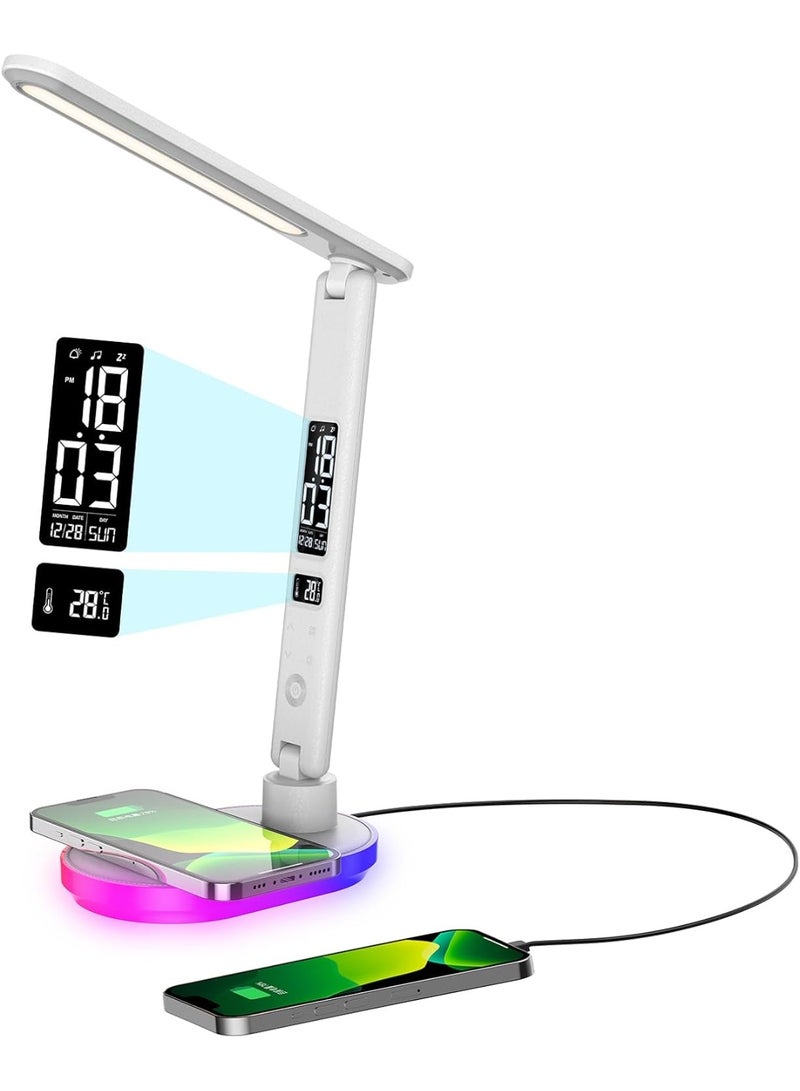 اوراکس مصباح الطاولة LED مع الشحن اللاسلكي ، إضاءة المكتب ، 3 ألوان و 5 مستويات سطوع ، شحن USB ، الساعة ، درجة الحرارة ، التاريخ ، شاشة LCD ، التحكم باللمس (أبيض) - Image 1