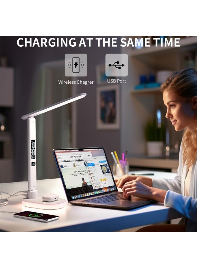 اوراکس مصباح الطاولة LED مع الشحن اللاسلكي ، إضاءة المكتب ، 3 ألوان و 5 مستويات سطوع ، شحن USB ، الساعة ، درجة الحرارة ، التاريخ ، شاشة LCD ، التحكم باللمس (أبيض) - Image 4