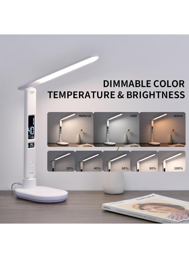 اوراکس مصباح الطاولة LED مع الشحن اللاسلكي ، إضاءة المكتب ، 3 ألوان و 5 مستويات سطوع ، شحن USB ، الساعة ، درجة الحرارة ، التاريخ ، شاشة LCD ، التحكم باللمس (أبيض) - Image 3