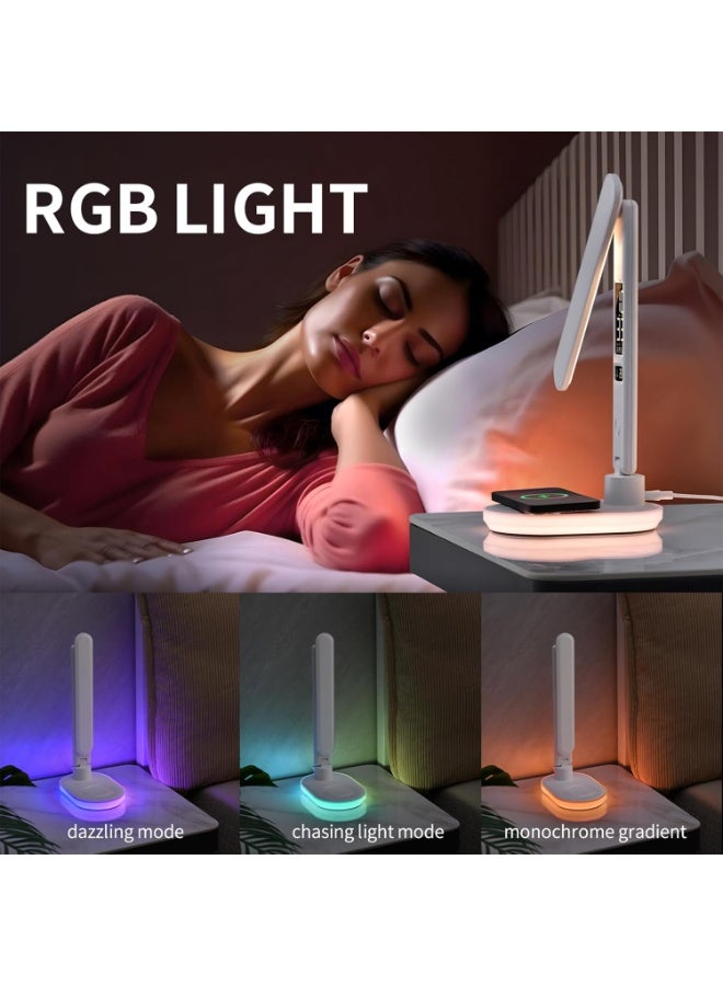 اوراکس مصباح الطاولة LED مع الشحن اللاسلكي ، إضاءة المكتب ، 3 ألوان و 5 مستويات سطوع ، شحن USB ، الساعة ، درجة الحرارة ، التاريخ ، شاشة LCD ، التحكم باللمس (أبيض) - Image 2