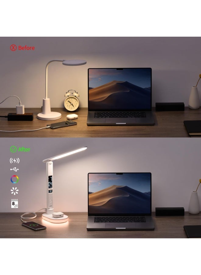 اوراکس مصباح الطاولة LED مع الشحن اللاسلكي ، إضاءة المكتب ، 3 ألوان و 5 مستويات سطوع ، شحن USB ، الساعة ، درجة الحرارة ، التاريخ ، شاشة LCD ، التحكم باللمس (أبيض) - Image 5