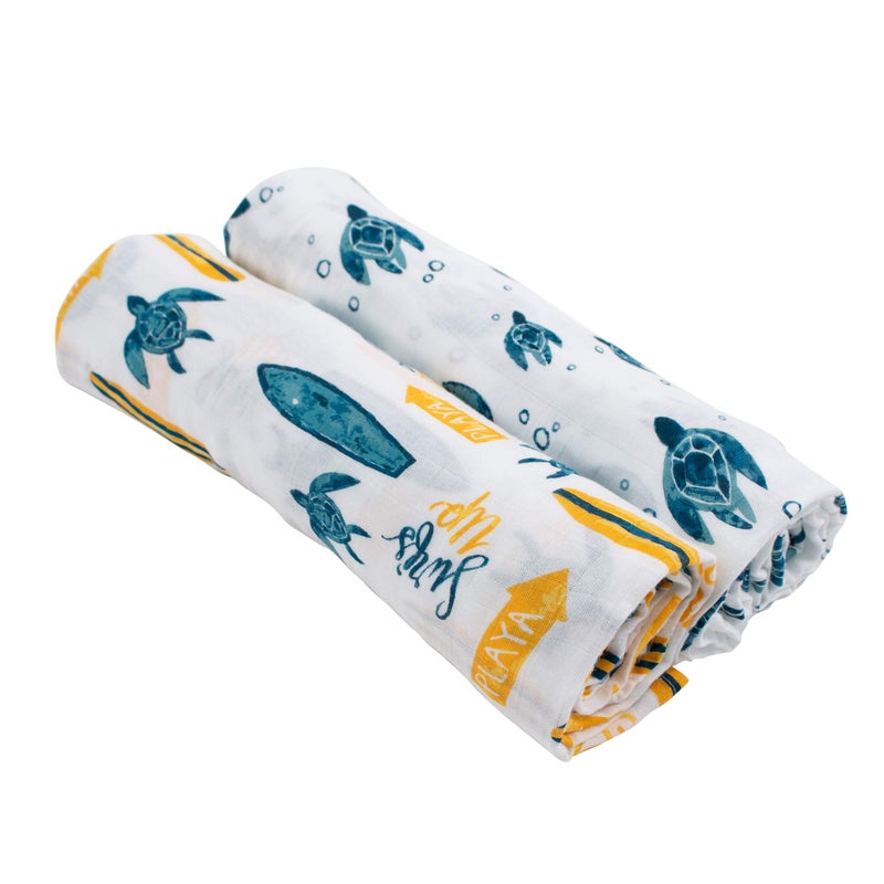 Bebe au Lait Bebe au Lait Oh So Soft Muslin Swaddle Blanket Set Soft Muslin Design Stylish Pattern Surf and Sea Turtles 47x47 Inch Pack of 2