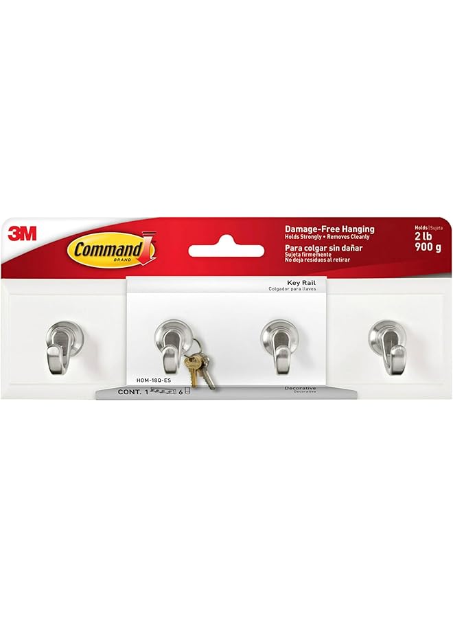 Command Command Quartz Key Rail White and Silver color , 1 rail and 6 strips/pack | Holds 900gr. | Organize | Decoration | No Tools | Holds Strongly | Damage-Free Hanging - Image 1