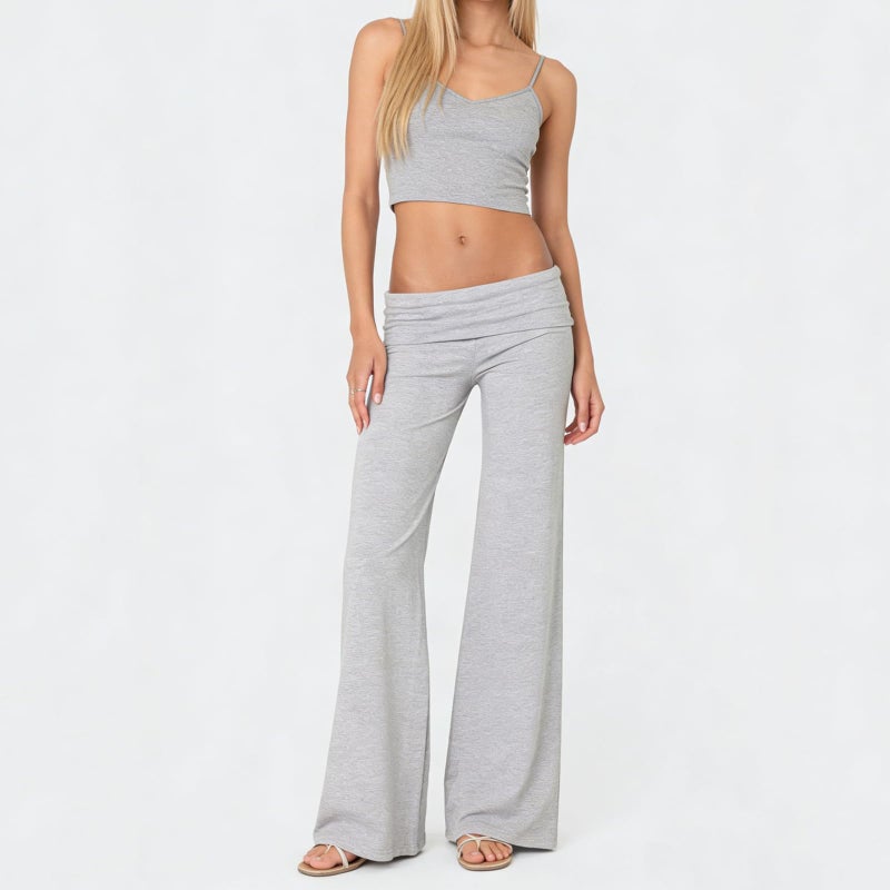FOMOYUU Lounge Yoga Pants for Women Fold Over Low Waist Wide Leg Sweatpants Flare Leggings Bell Bottoms Y2K Foldover Pants (Gray, S) - Image 2