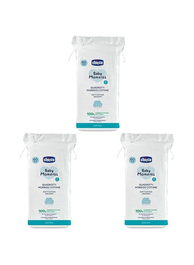 Chicco Baby Moments 100% Soft Cotton Squares (60 Count) for Cleaning and Baby Care | Soft & Gentle on Delicate Skin (Pack of 3) - Image 1