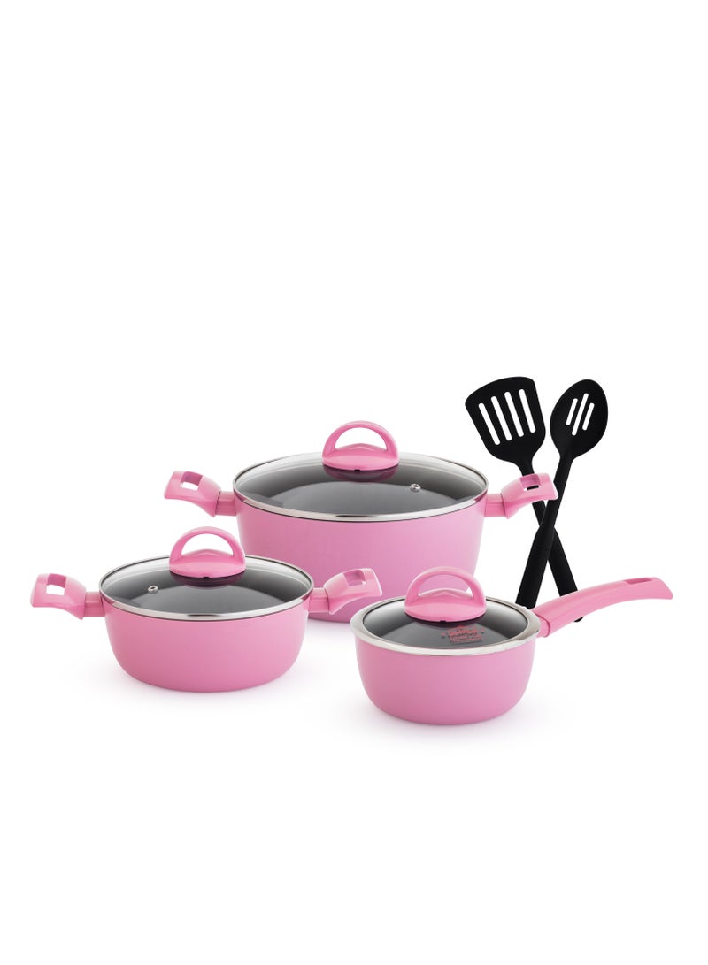 Newflon Cookware Set 8 Pieces With Glass Lid Pink Color - Image 1
