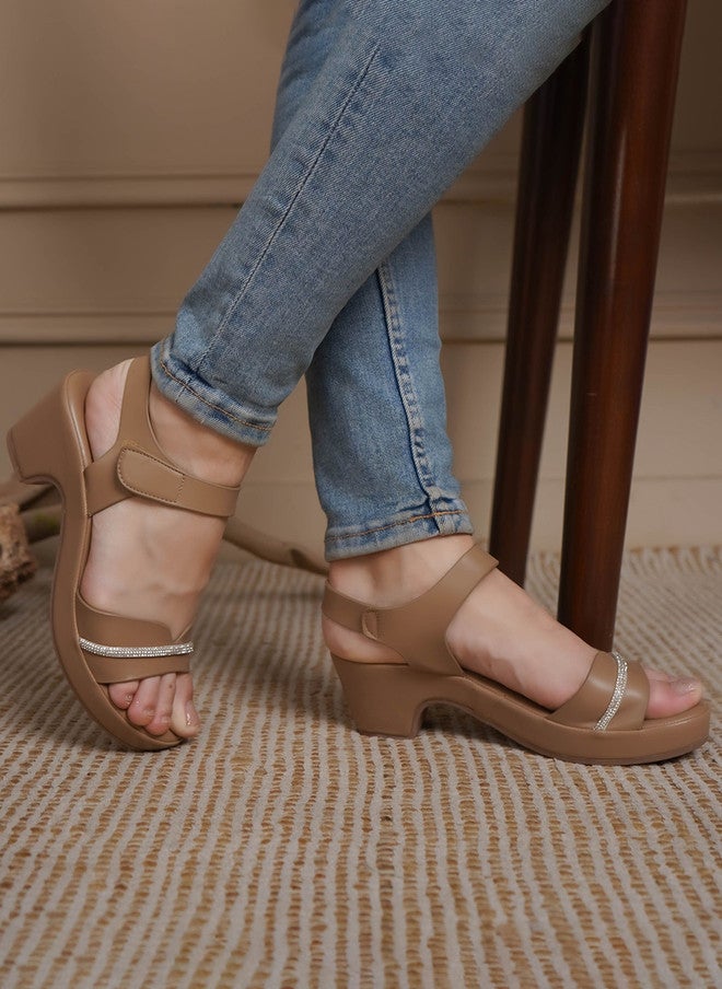 She Zone Beige Block Heels Sandals for Women - Image 1