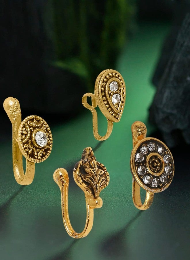 OOMPHelicious Jewellery Combo of 4 Antique Gold Ethnic Non-Piercing Nose Pin For Women & Girls Stylish Latest - Image 2
