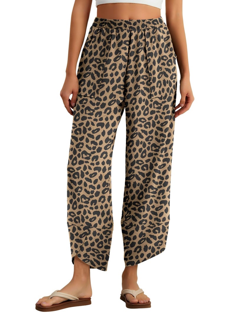 Feiersi Womens Baggy Wide Leg Pants Elastic Waisted Casual Palazzo Harem Pants Summer Beach Trousers(Leopard Khaki,Medium) - Image 1