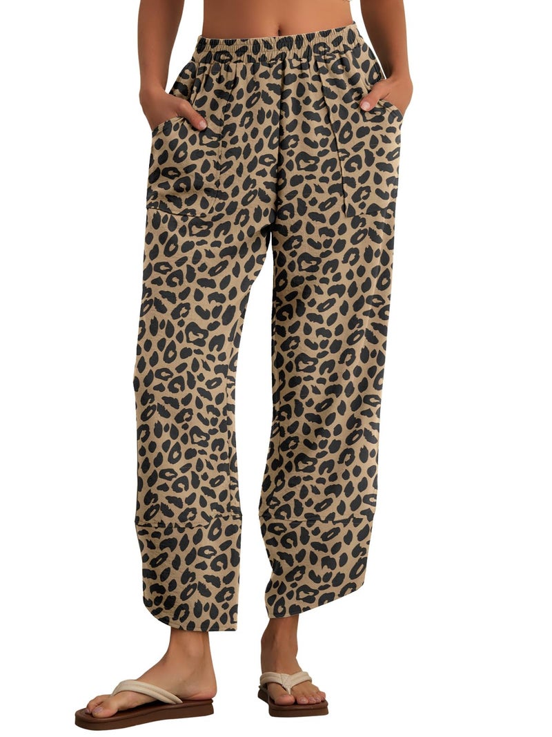 Feiersi Womens Baggy Wide Leg Pants Elastic Waisted Casual Palazzo Harem Pants Summer Beach Trousers(Leopard Khaki,Medium) - Image 2