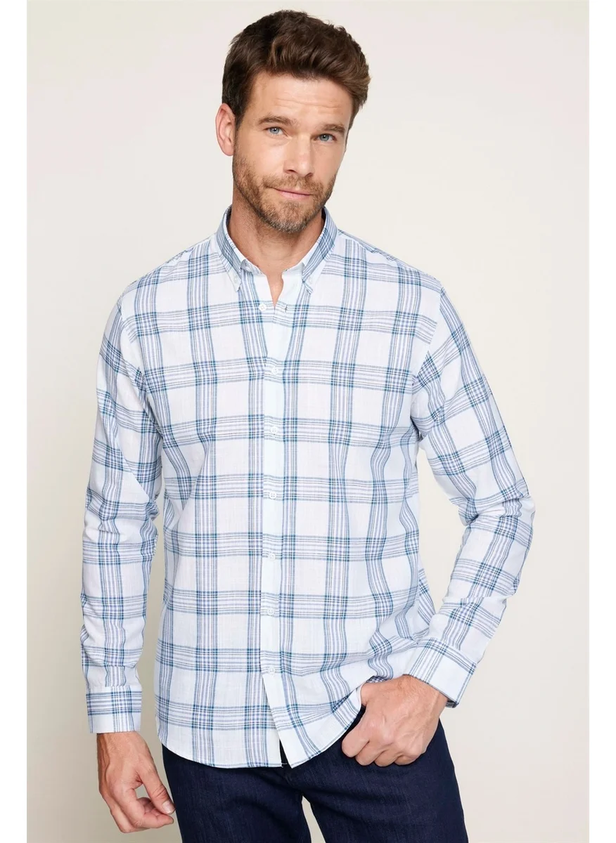 Tudors Classic Fit Long Sleeve Linen Plaid Men's White Shirt