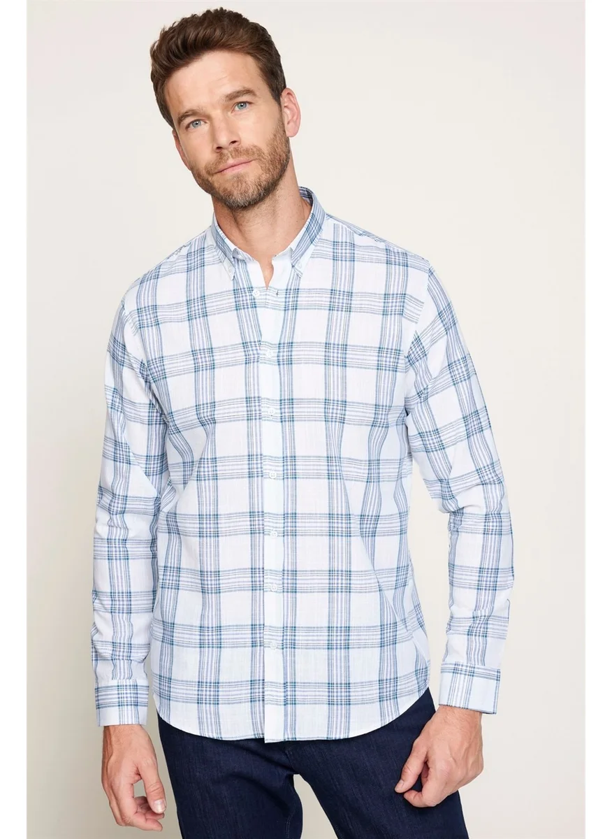 Tudors Classic Fit Long Sleeve Linen Plaid Men's White Shirt