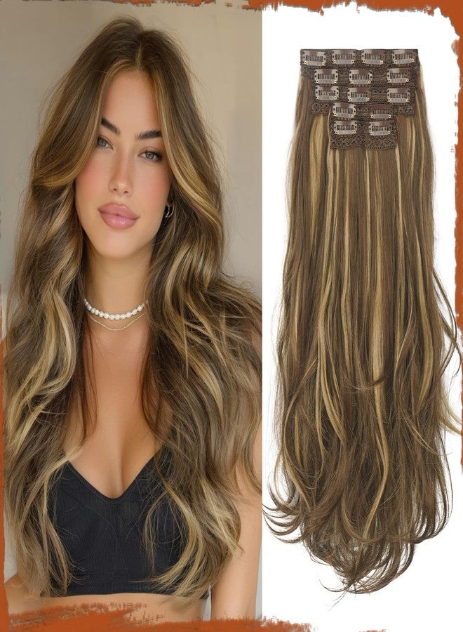 Sofeiyan Clip in Hair Extensions, Honey Blonde Mixed Light Brown Hair Extension 20 Inch Long Wavy Clip in, 5PCs Invisible Lace Weft Thick Soft Synthetic Clip in Extensions Hairpieces for Women - Image 1
