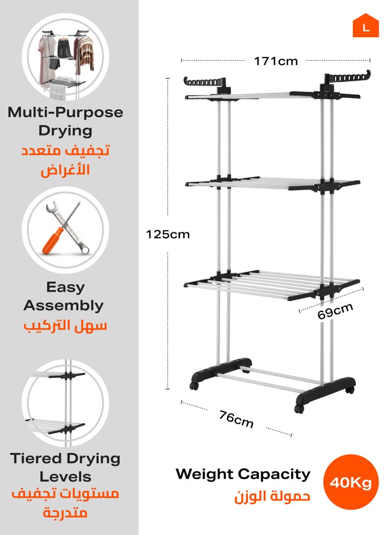 LAWAZIM Clothes Hanger - Clothes Drying Rack 4-Tier Foldable Free Standing Clothes Hanger Adjustable Movable Drying Rack for Laundry - Ideal for Balconies, Bathrooms, Bedrooms and Laundry Rooms, Black - Image 2