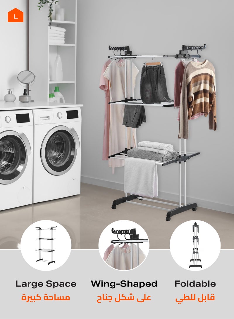 LAWAZIM Clothes Hanger - Clothes Drying Rack 4-Tier Foldable Free Standing Clothes Hanger Adjustable Movable Drying Rack for Laundry - Ideal for Balconies, Bathrooms, Bedrooms and Laundry Rooms, Black - Image 5