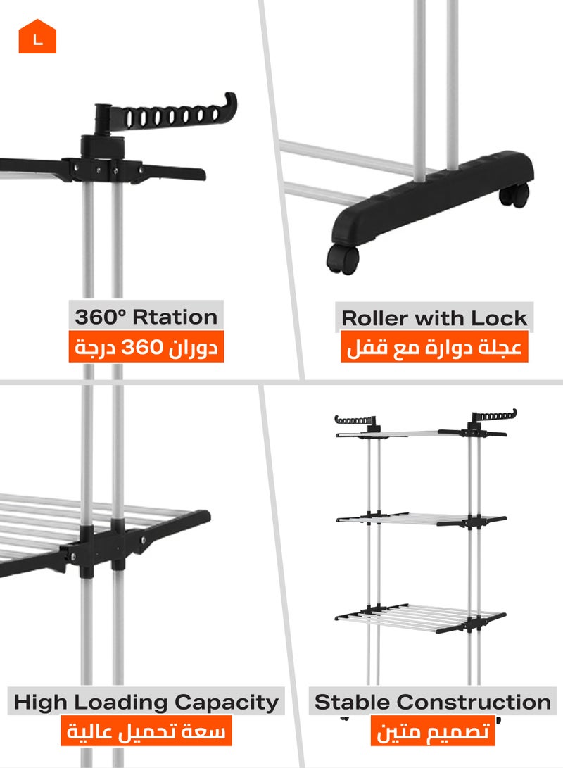 LAWAZIM Clothes Hanger - Clothes Drying Rack 4-Tier Foldable Free Standing Clothes Hanger Adjustable Movable Drying Rack for Laundry - Ideal for Balconies, Bathrooms, Bedrooms and Laundry Rooms, Black - Image 3