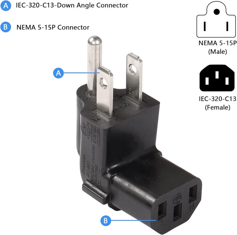 CERRXIAN 90 Degree 3 Prong Power Adapter Up Angle 3 Prong NEMA 515P to IEC 320 C13 Female 16A  125V Computer Power Adapter2Pack - Image 2