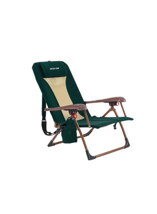 GREEN LION Mafer Adjustable Camping Chair with Sturdy Armrests & Integrated Headrest / Up to 100kg Load Capacity / Insulated Drink Holder / Reinforced Steel Frame / 130° Adjustable Recline / Quick-Fold Design - Green - Image 1