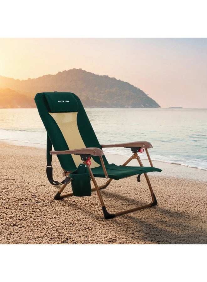 GREEN LION Mafer Adjustable Camping Chair with Sturdy Armrests & Integrated Headrest / Up to 100kg Load Capacity / Insulated Drink Holder / Reinforced Steel Frame / 130° Adjustable Recline / Quick-Fold Design - Green - Image 2