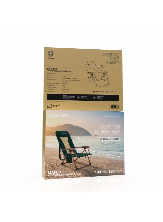 GREEN LION Mafer Adjustable Camping Chair with Sturdy Armrests & Integrated Headrest / Up to 100kg Load Capacity / Insulated Drink Holder / Reinforced Steel Frame / 130° Adjustable Recline / Quick-Fold Design - Green - Image 3