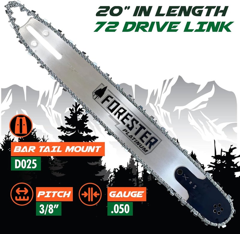 FORESTER 20” Platinum Replacement Chainsaw Guide Bar & Chain Combo - 20in Length, 3/8” Pitch, .050 Gauge, D025 Mount, 72 Drive Link – Replacement Chainsaw Bars For Stihl - Image 3