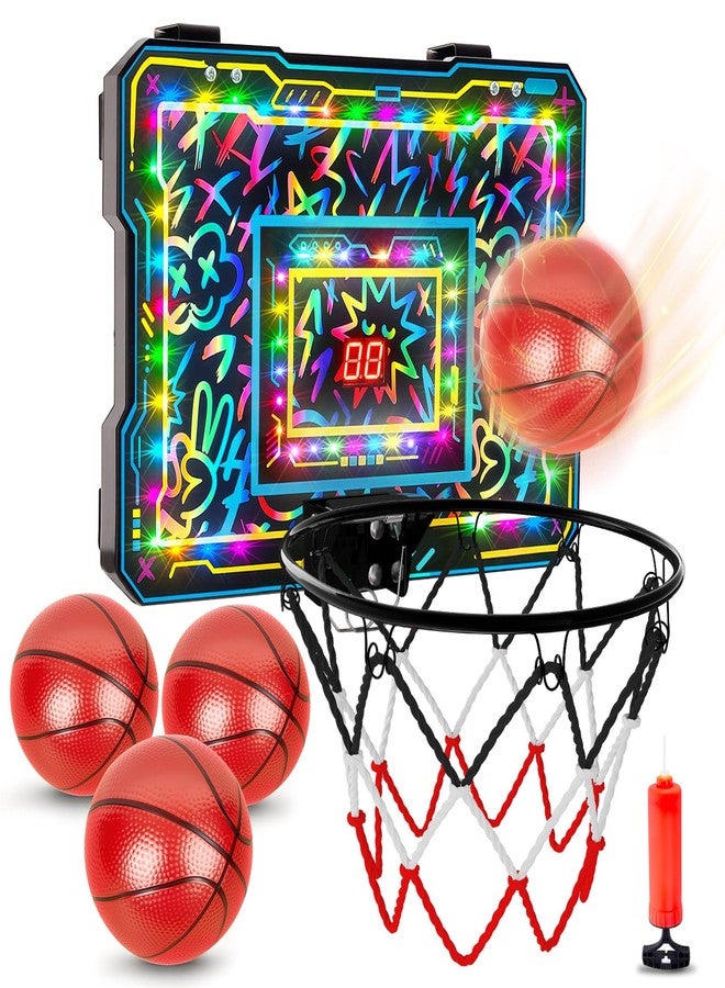 FIODAY Indoor Mini Basketball Hoop, Over The Door Basketball Hoop with LED Lights/Scoreboard/4 Balls, Upgraded Reinforced Backboard Frame, Basket Ball Toys Gift for Kids Ages 3-5-12+ Boys Girls - Image 1