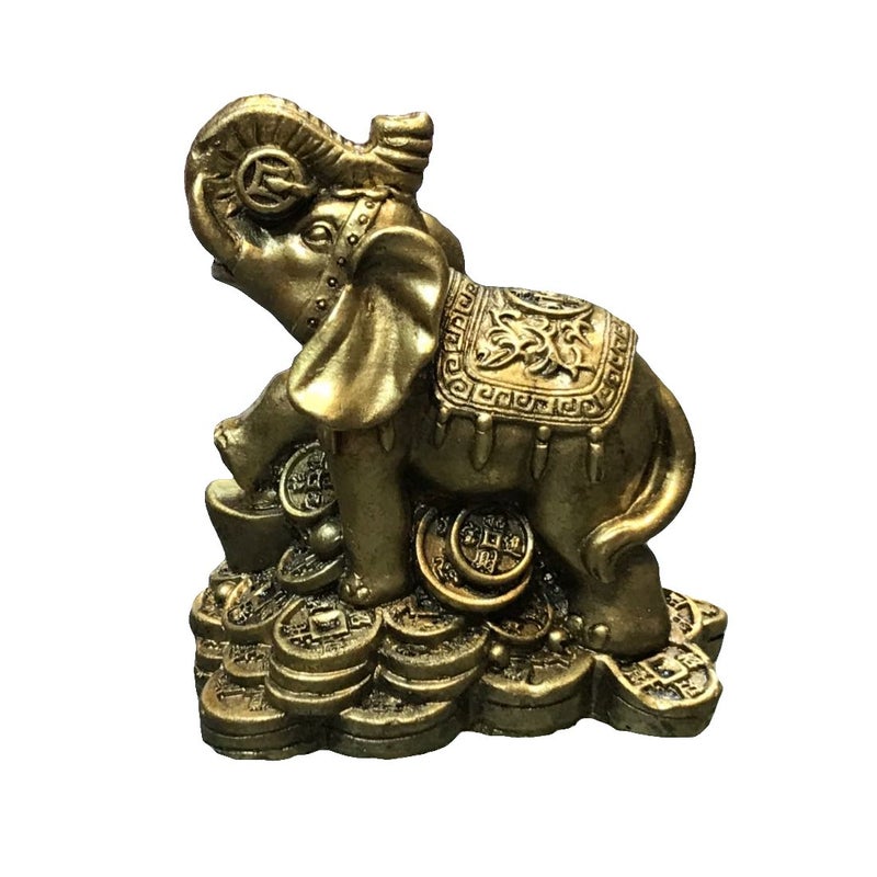 Ryme Ryme Polyresin Feng Shui Golden Trunk Up Elephant 3 x 2 inch Golden  - Image 1