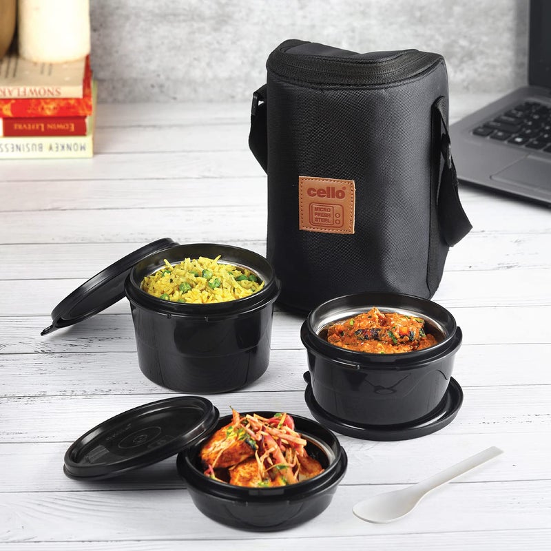 Cello Max Fresh Click Leakproof Lunch Box Set with Bag, Black Plastic Outer & Stainless Steel Inner Tiffin Boxes, Insulated Airtight Containers Ideal for Office & College - Image 1