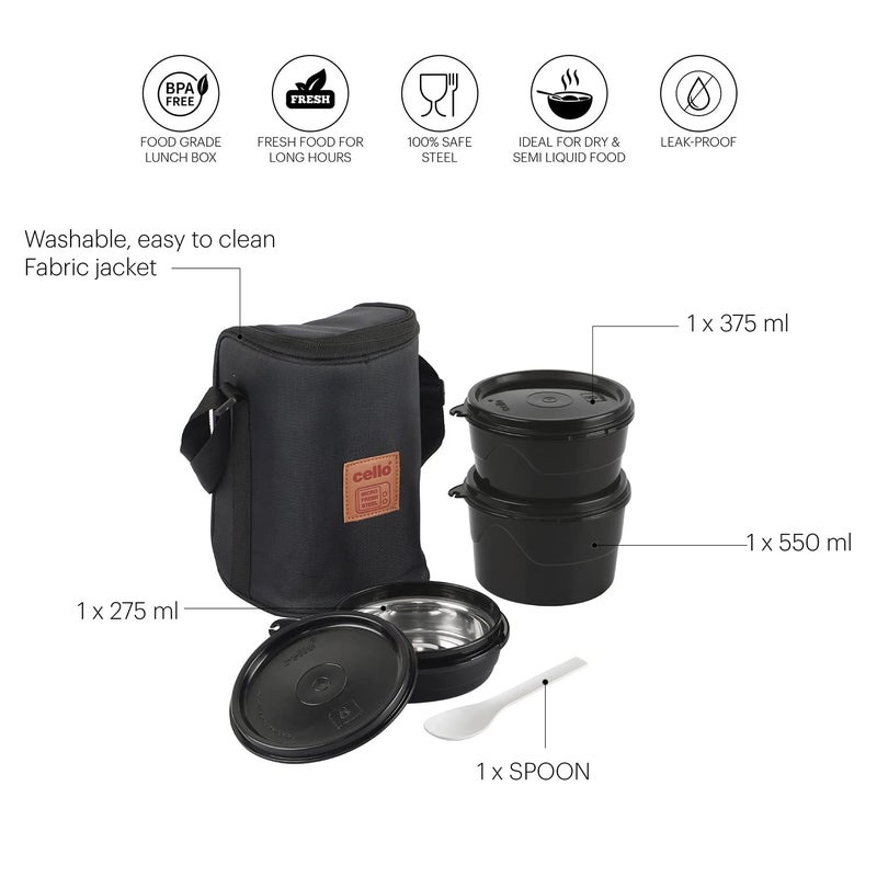 Cello Max Fresh Click Leakproof Lunch Box Set with Bag, Black Plastic Outer & Stainless Steel Inner Tiffin Boxes, Insulated Airtight Containers Ideal for Office & College - Image 3