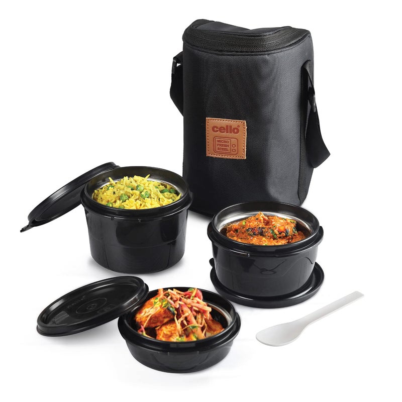 Cello Max Fresh Click Leakproof Lunch Box Set with Bag, Black Plastic Outer & Stainless Steel Inner Tiffin Boxes, Insulated Airtight Containers Ideal for Office & College - Image 2